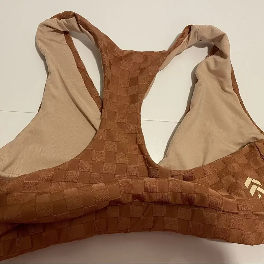 Barry's Fit Brand Women's Size Small Tan Checkered Print V Neck Sports Bra